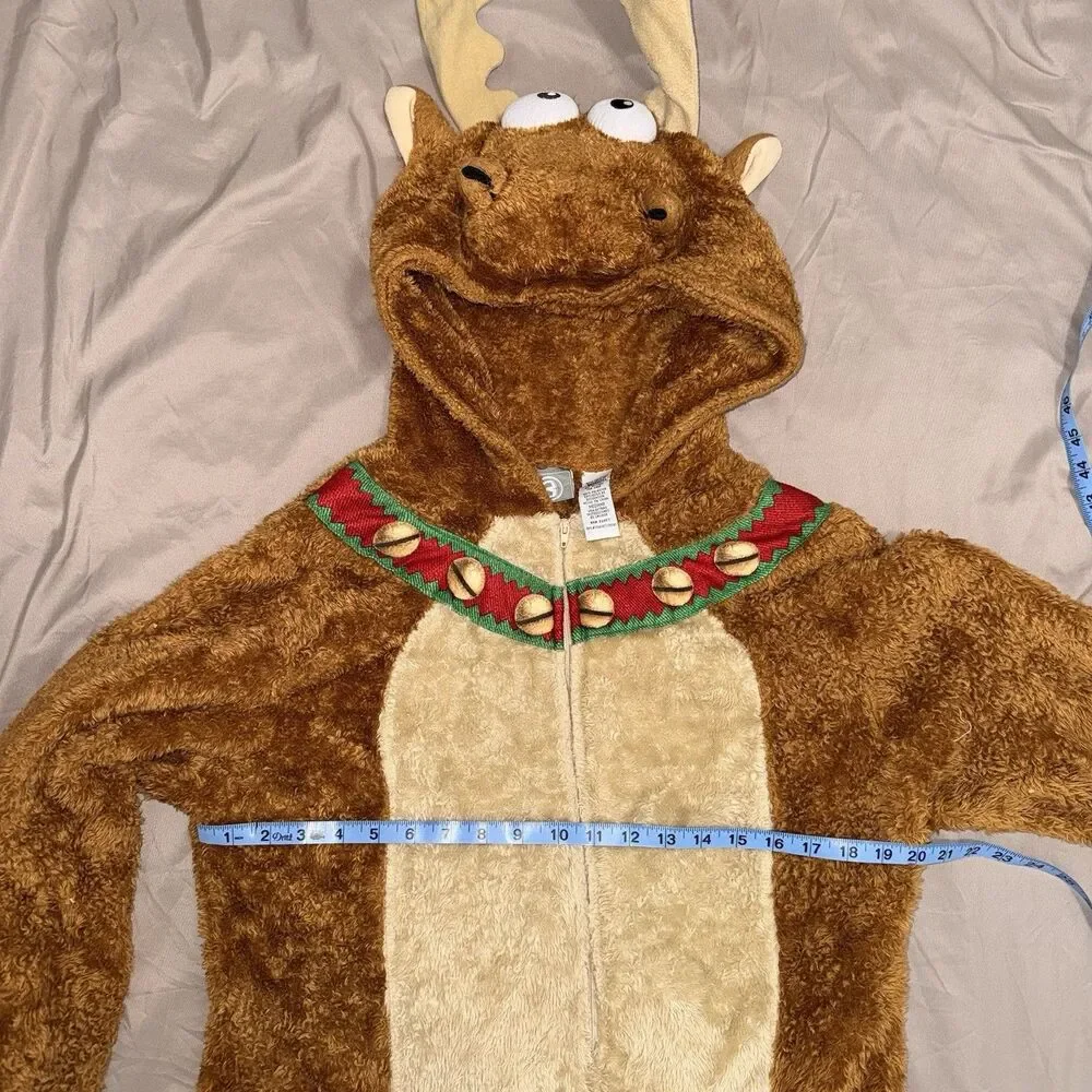 Reindeer Hooded One-Piece Costume Polyester Brown Full Body Zipper Size M (8-10)